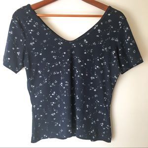 2/$25- Navy Polyester Double V-Neck with Small Flowers